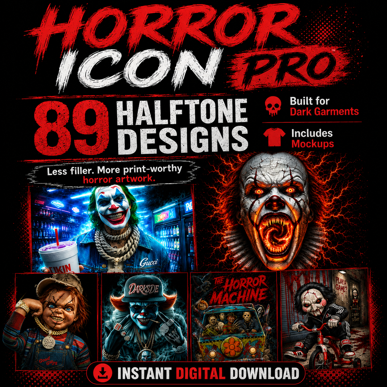 Horror Icon Pro – 89 Premium-Halbton-Designs für dunkle Kleidungsstücke + Mockups