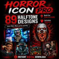 Horror Icon Pro – 89 Premium-Halbton-Designs für dunkle Kleidungsstücke + Mockups