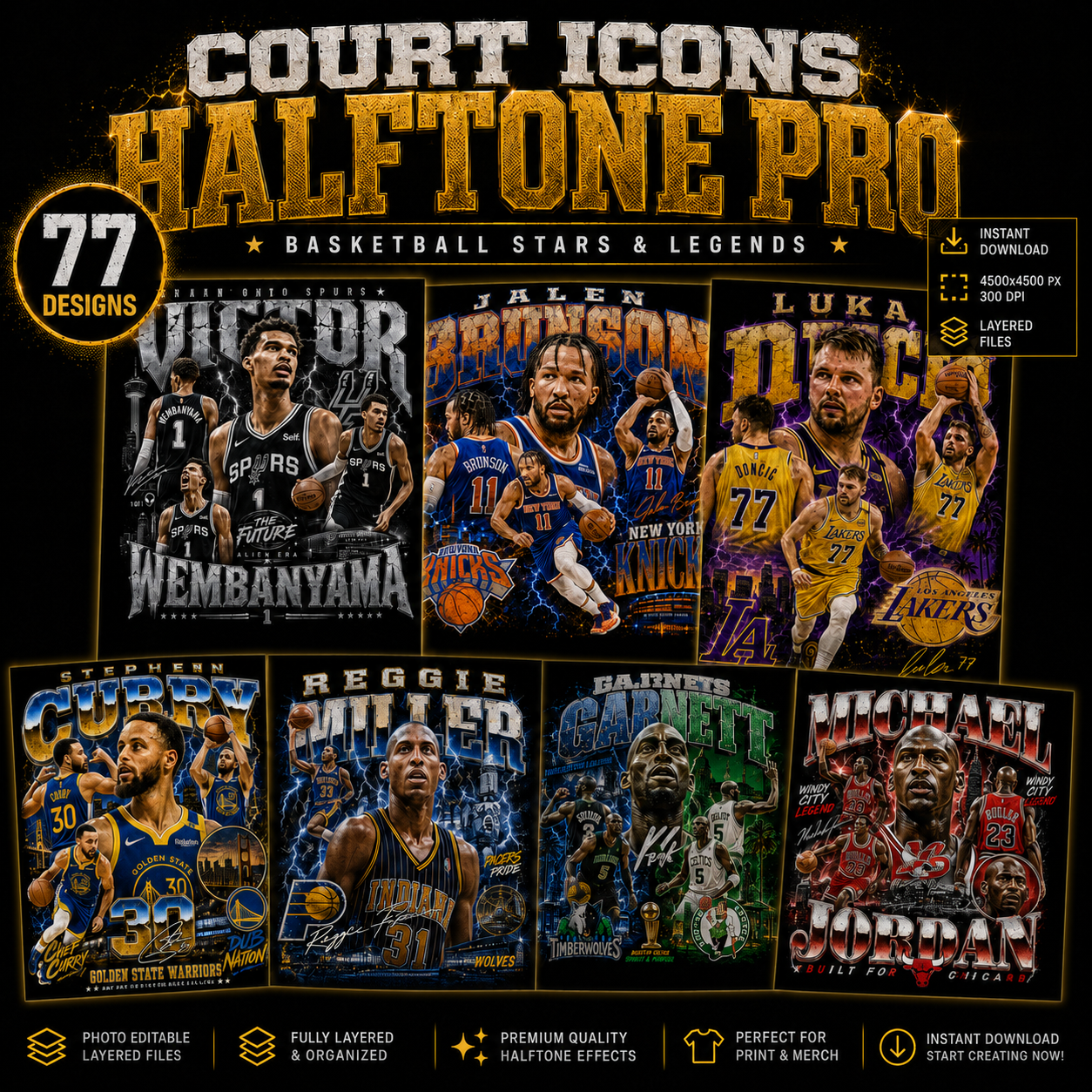 Court Icons Halftone Pro – 77 Basketball Stars & Legends Designs