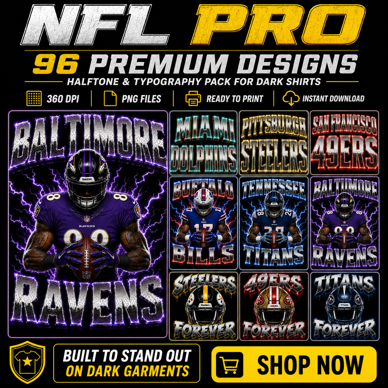 NFL PRO – 96 Halbton-Football-Designs für dunkle Shirts
