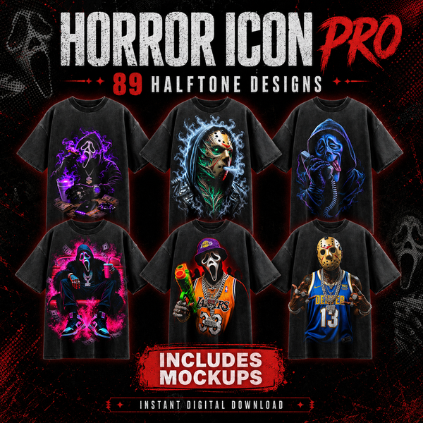 Horror Icon Pro – 89 Premium-Halbton-Designs für dunkle Kleidungsstücke + Mockups