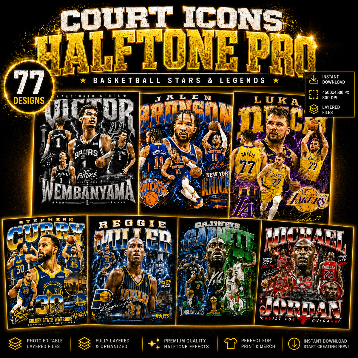 Court Icons Halftone Pro – 77 Basketball Stars & Legends Designs