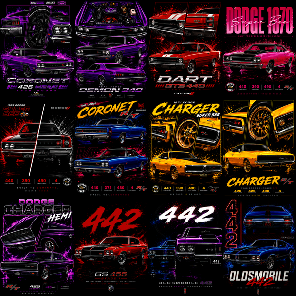 Muscle Halftone Pro: más de 130 diseños de autos deportivos para camisas oscuras.