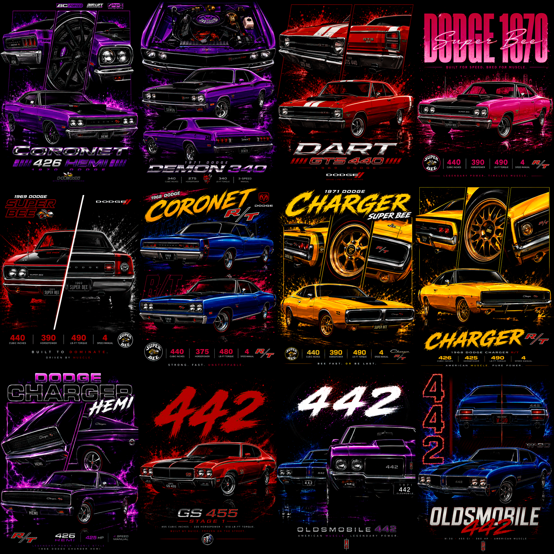 Muscle Halftone Pro: más de 130 diseños de autos deportivos para camisas oscuras.