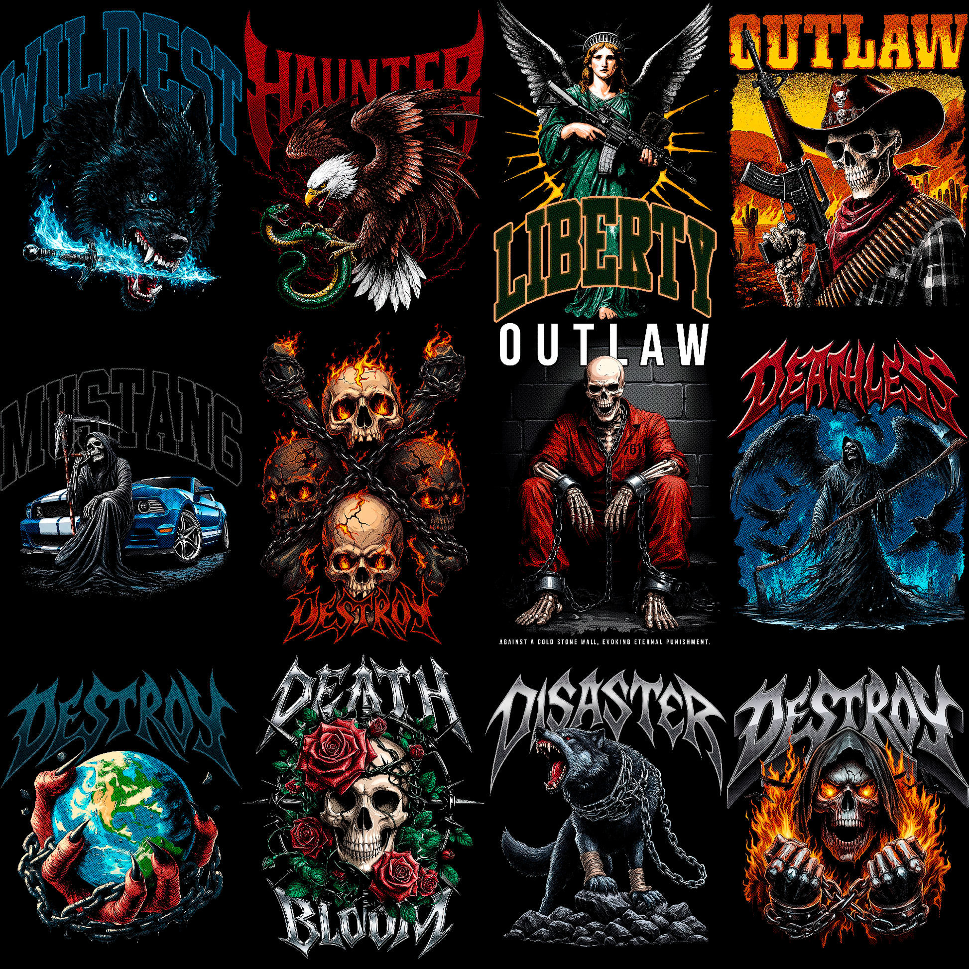 Paquete de diseños de ropa urbana oscura | Más de 180 diseños de camisetas de heavy metal y moteros