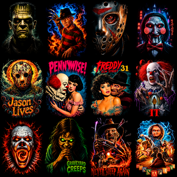 Horror Icon Pro – 89 Premium-Halbton-Designs für dunkle Kleidungsstücke + Mockups