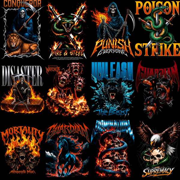 Paquete de diseños de ropa urbana oscura | Más de 180 diseños de camisetas de heavy metal y moteros