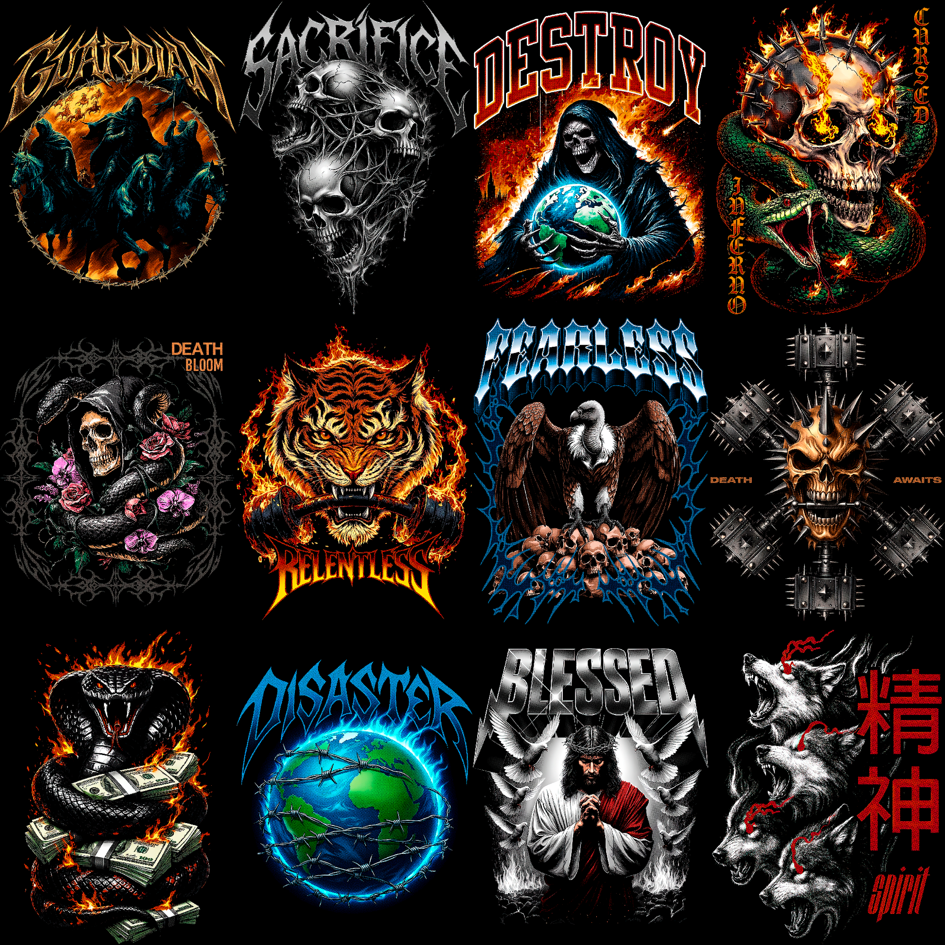 Paquete de diseños de ropa urbana oscura | Más de 180 diseños de camisetas de heavy metal y moteros