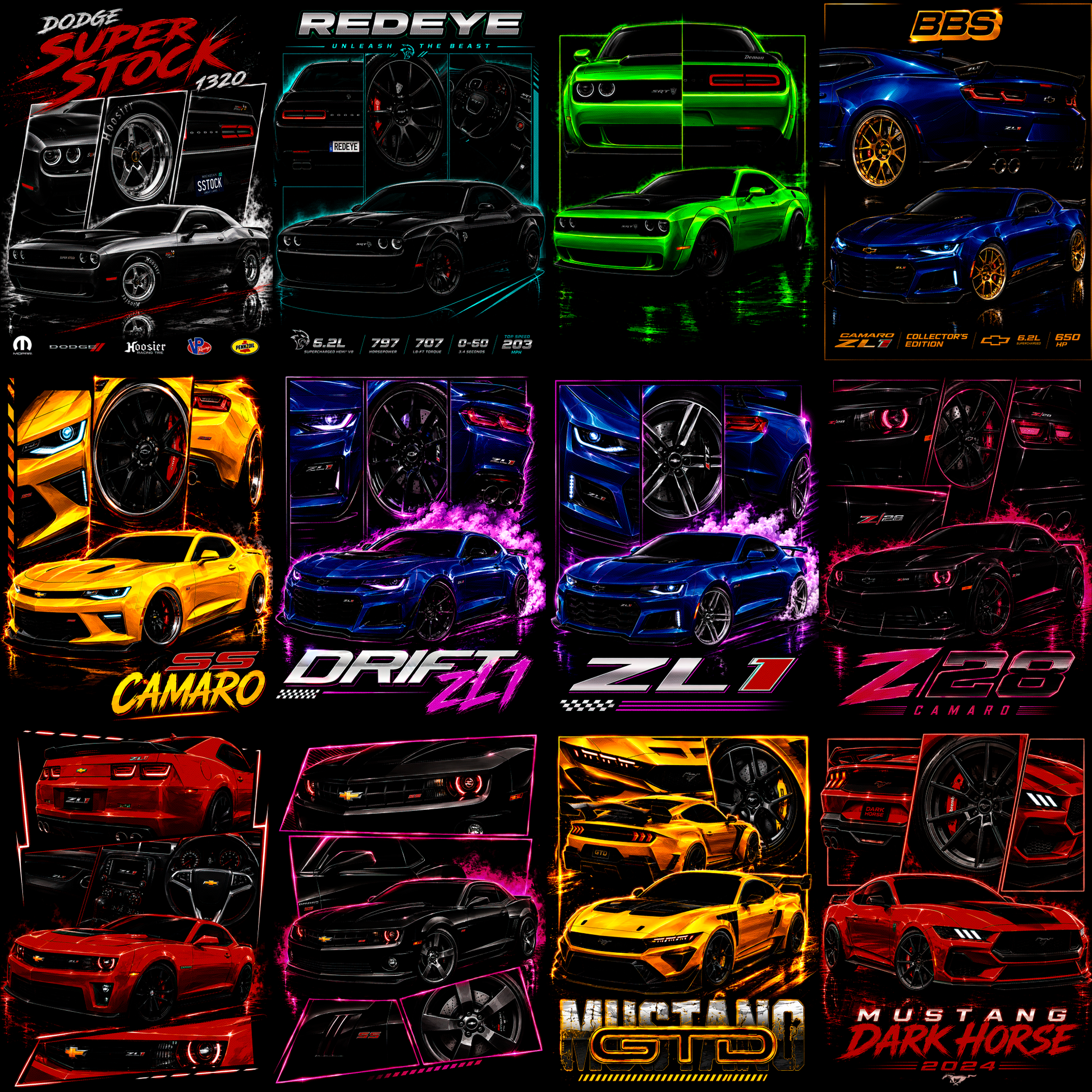 Muscle Halftone Pro: más de 130 diseños de autos deportivos para camisas oscuras.