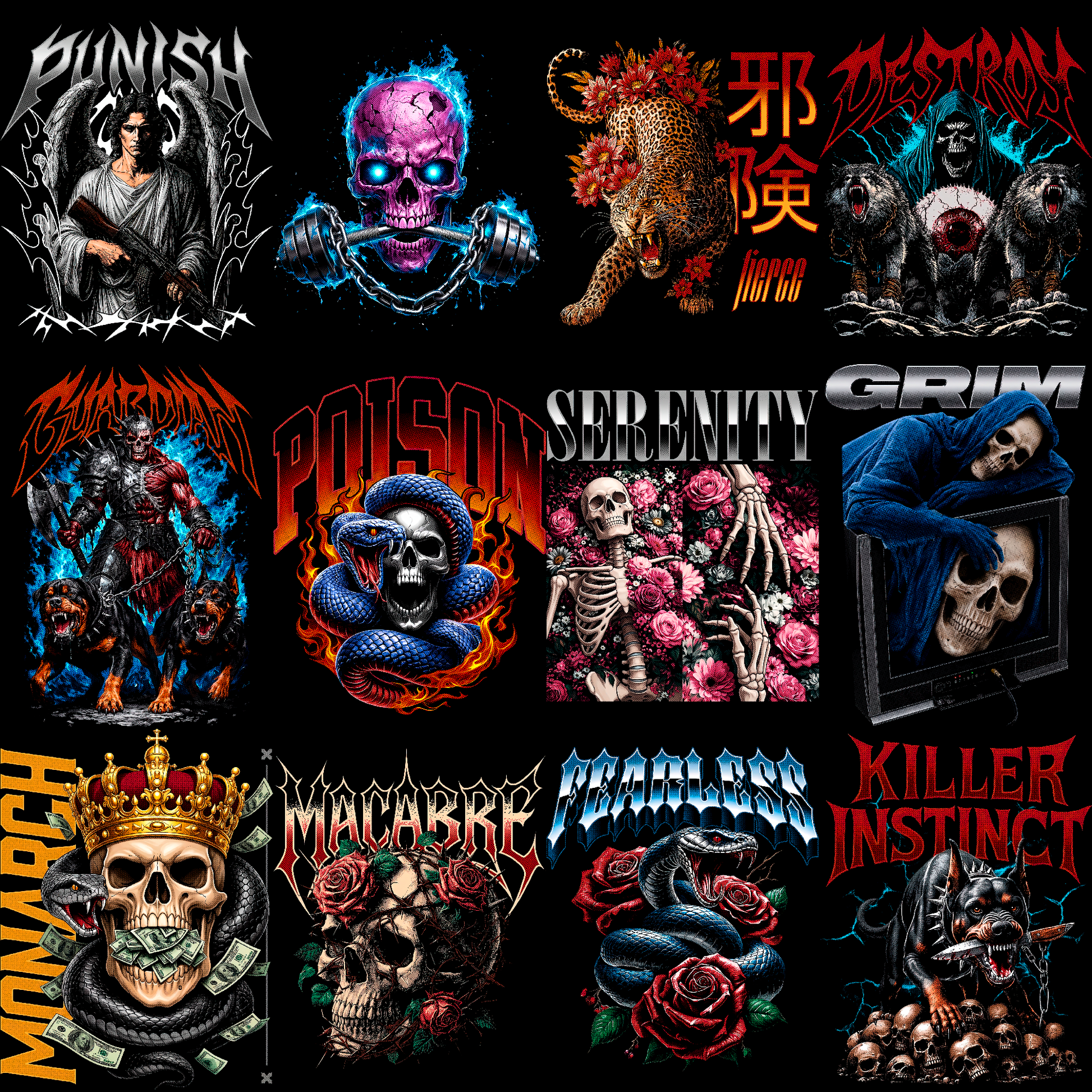 Paquete de diseños de ropa urbana oscura | Más de 180 diseños de camisetas de heavy metal y moteros