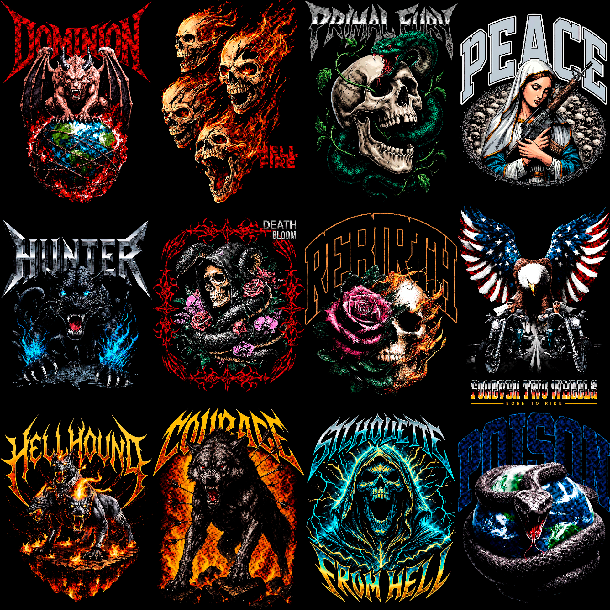 Paquete de diseños de ropa urbana oscura | Más de 180 diseños de camisetas de heavy metal y moteros