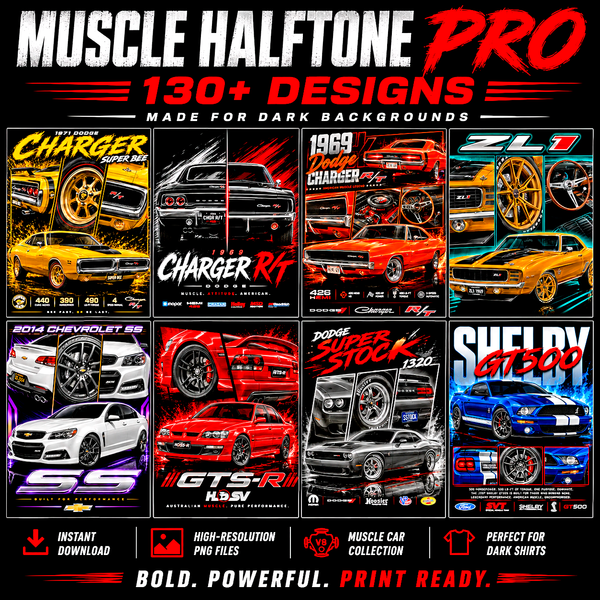 Muscle Halftone Pro: más de 130 diseños de autos deportivos para camisas oscuras.