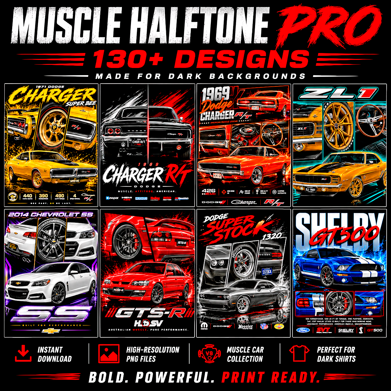 Muscle Halftone Pro: más de 130 diseños de autos deportivos para camisas oscuras.